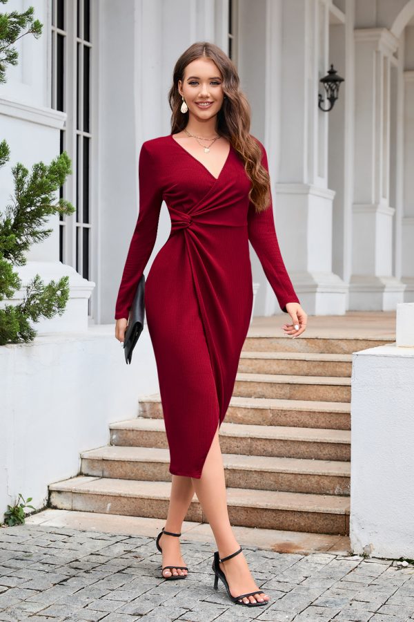 V-Neck Slimming Long Sleeve Dress