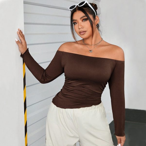 Plus Size Brown Off-Shoulder T-Shirt