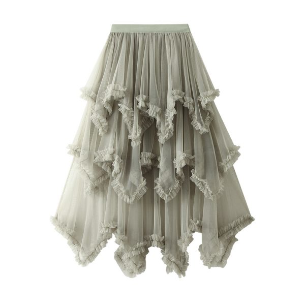 Irregular Asymmetric Wooden Ear Mesh Tiered Skirt