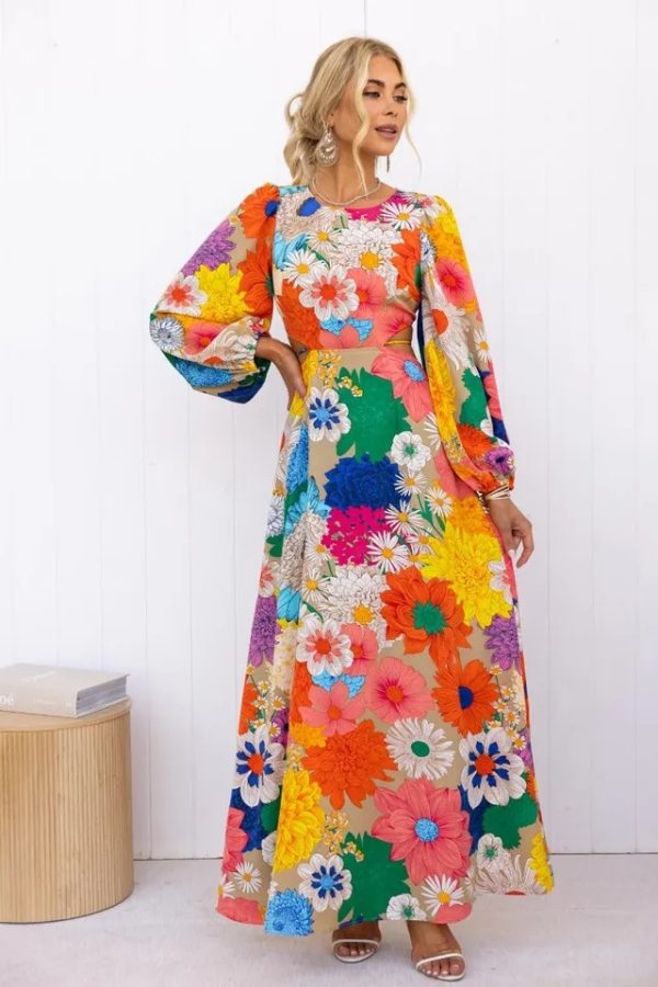 Print Round Neck Lantern Sleeve Dress