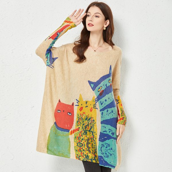 Spring Slimming Knitwear with Simple Cat Printing