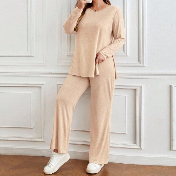 Chic Plus Size Casual Two-Piece Set with Split Long Sleeve T-Shirt and Wide Leg Pants