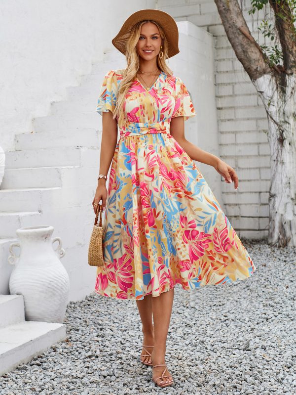 Summer Short Sleeve V-neck Dress – Casual Printed Style