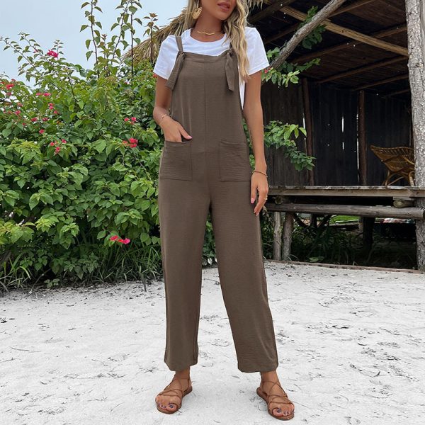 Solid Color Cropped Straight Bib Women's Jumpsuit