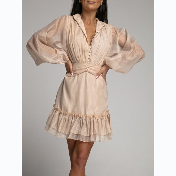 Ruffled Yarn Dress - Single-Breasted