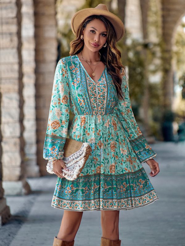 Printed V-Neck Waist-Controlled Long Sleeve Dress