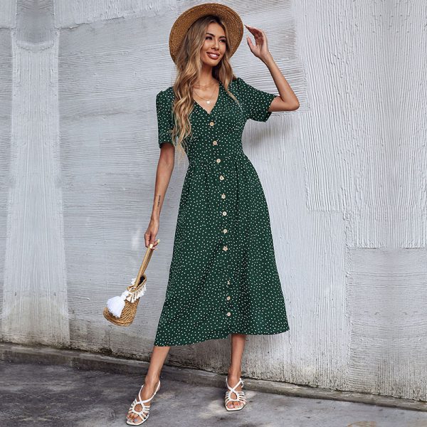 Polka Dot V-Neck Short Sleeve Shirt Dress for Summer