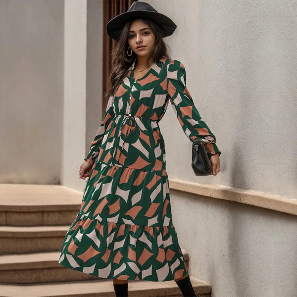 Autumn Printed V-Neck Dress - Midi Chic