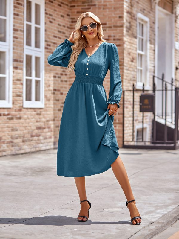 V-Neck Midi Dress for Women - Autumn/Winter