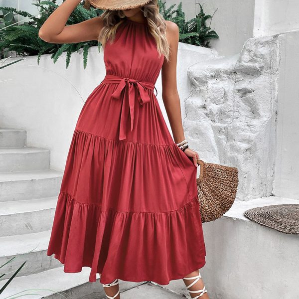 Halter Solid Color Mid-Length Dress - Summer Elegance