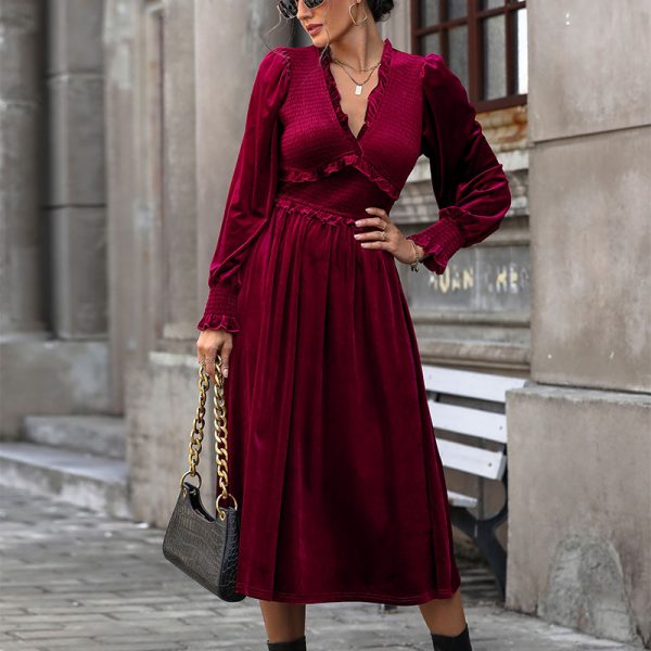 Red V-Neck Velvet Dress - Autumn Winter Long Sleeve