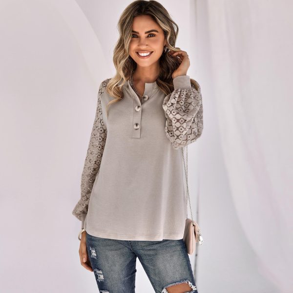 Trendy Long Sleeve Lace Button Pullover