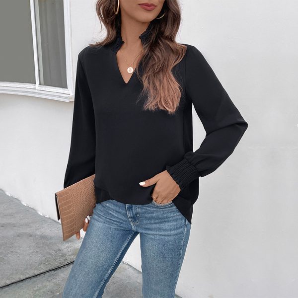 V-Neck Solid Color Long Sleeve Shirt - Women's Spring Style