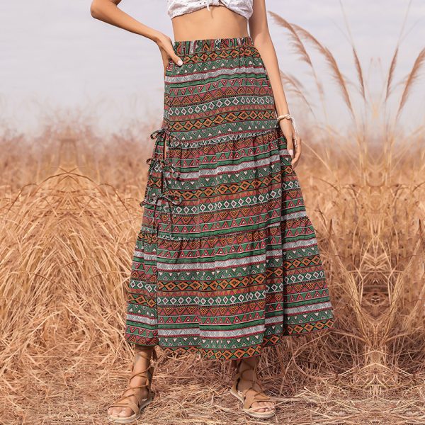 National Printed Lace-Up Waist Split Skirt for Women