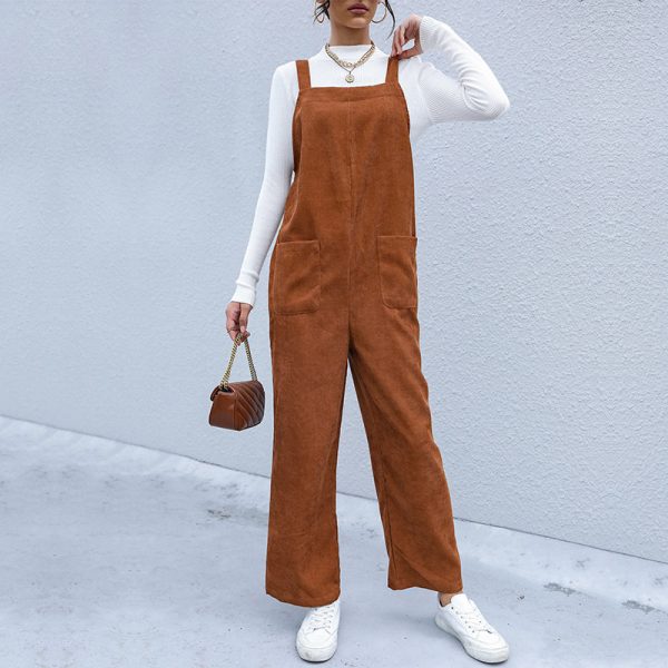 Brown Loose Corduroy Suspender Pants for Autumn Women's Wear