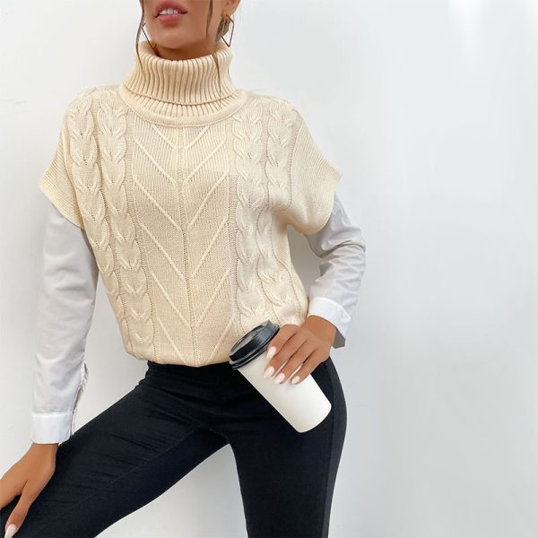 Cable-Knit Turtleneck Sweater with Short Sleeves for Autumn/Winter