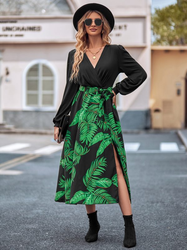 Printed V-Neck Patchwork Tie-Waist Long Sleeve Dress