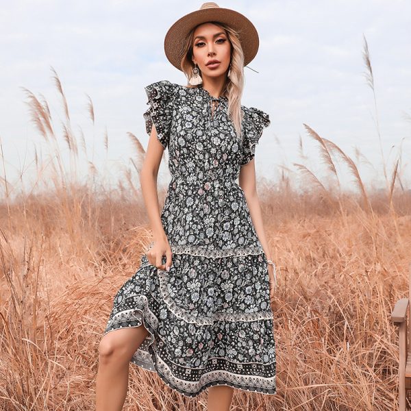 Summer National Floral V-neck Flared Sleeves Stringy Selvedge Dress