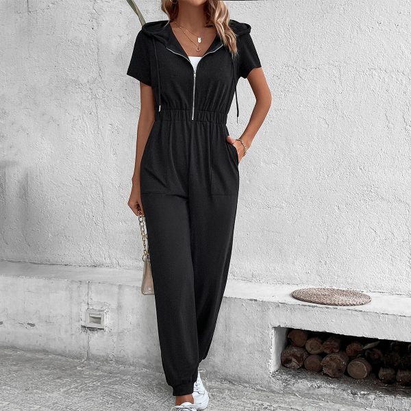 Hooded Solid Color Summer Jumpsuit