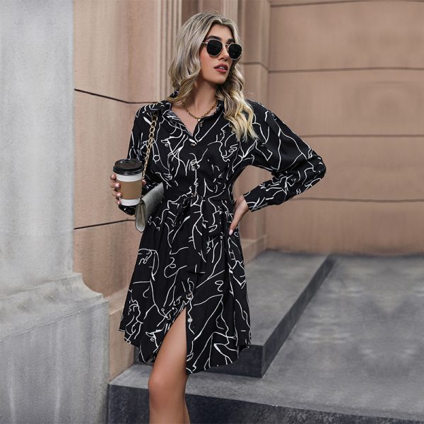 Printed Long-Sleeved Shirt Dress for Women