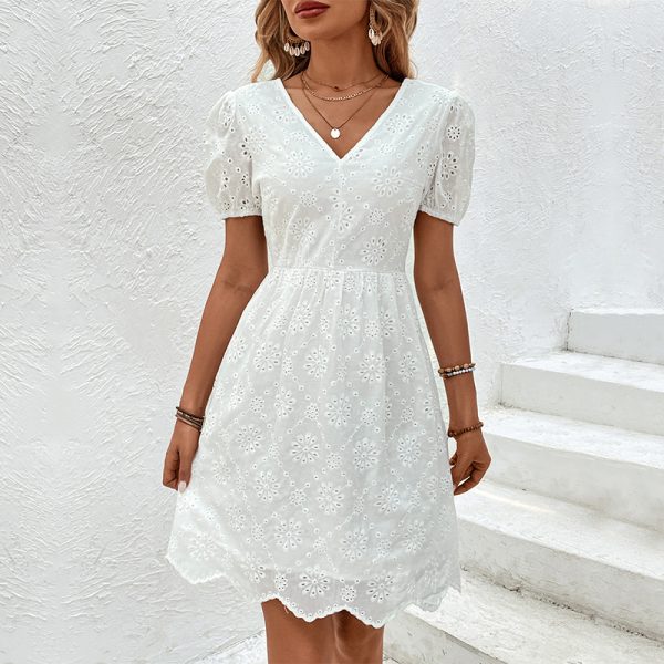 V-Neck Puff Sleeve White Dress - Summer Elegance