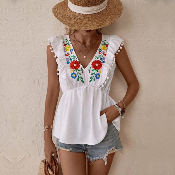 White Embroidered Sleeveless Shirt - Summer Elegance