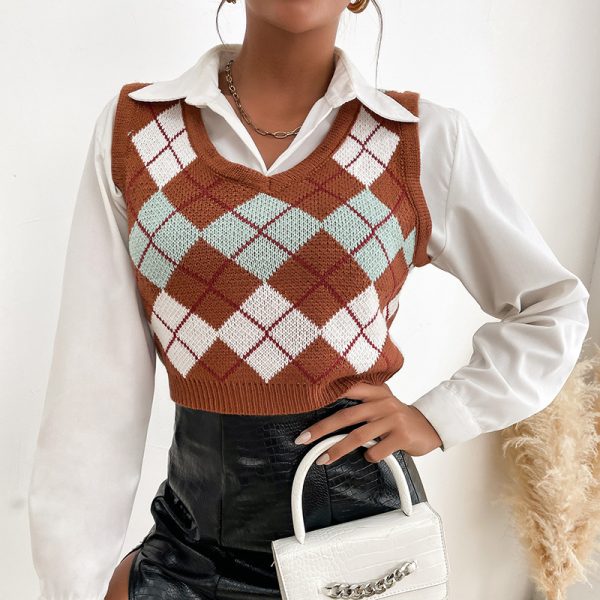 Diamond Plaid Sleeveless Vest Sweater: