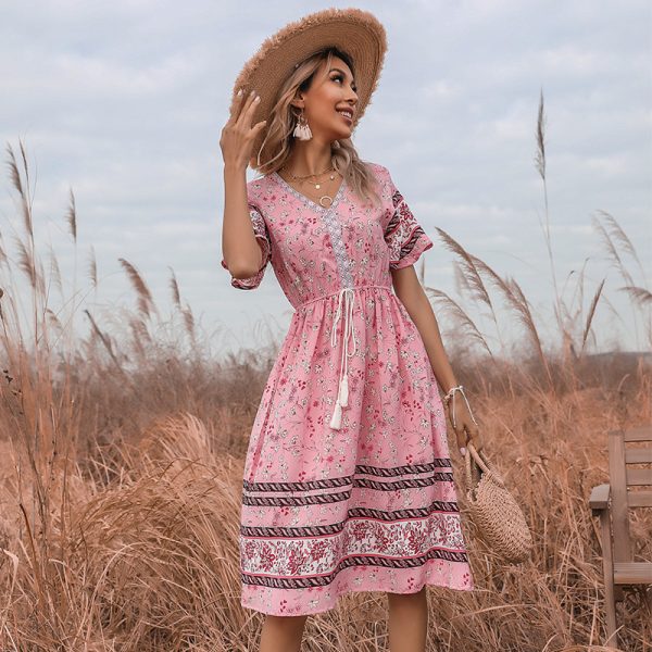 Summer Pink Floral Tie-Neck V-Neck Dress