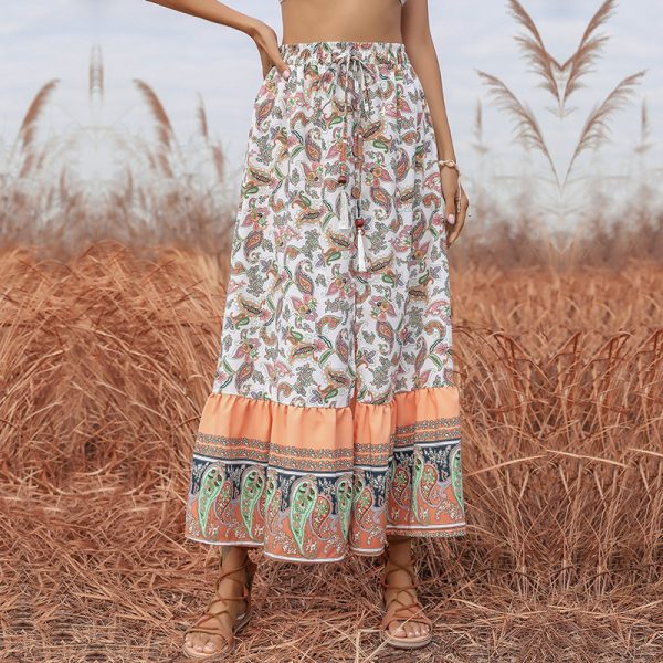 Ethnic Print Slim Fit Elasticated Waist Self-Tie Slit Skirt