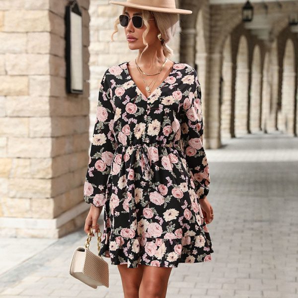 Printed V-Neck Long Sleeve Dress - Fall Style