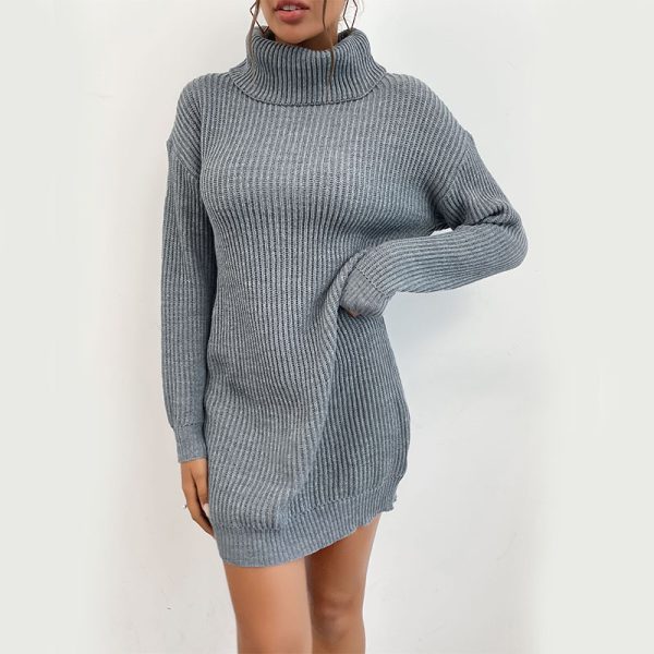 Autumn Solid Color High Collar Sweater Dress - Beltless