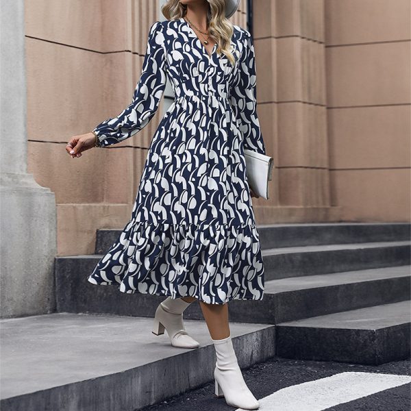 Printed Long-Sleeve Dress - Autumn Elegance