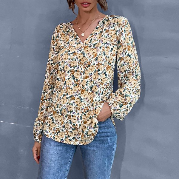 Early Autumn Holiday Women's Loose Fitting V-Neck Floral Shirt with Long Sleeves