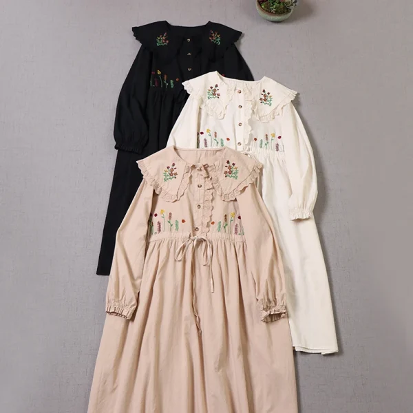 Spring New Embroidery Doll Long-sleeved Dress Midi Dress