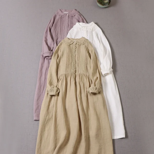 Sweet Female Japanese Dolls Linen Dress Lace Collar Spring 2022 Midi Dress Robe