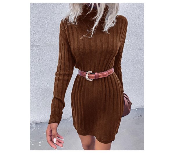 Sunken Stripe Turtleneck Sweater Dress for Winter Elegance