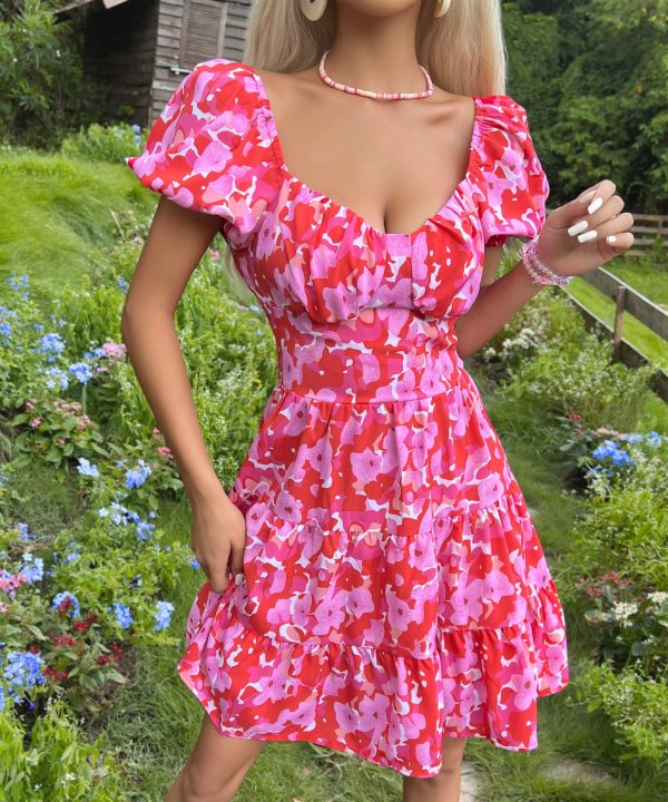 Sweet Backless Ruffled Printed Summer Dress for Women