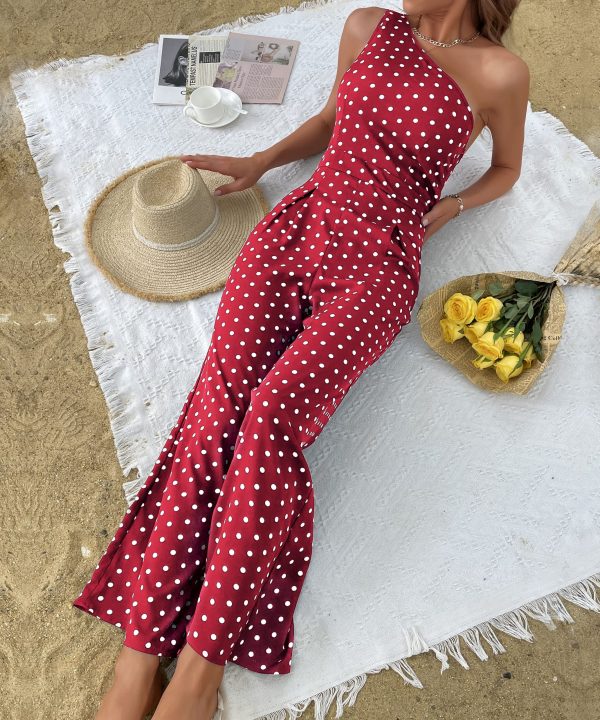 Summer Polka Dot Wide-Leg Jumpsuit with One Shoulder for Women