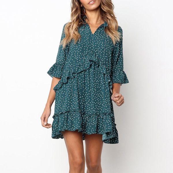 Spring Loose Casual Ruffled Polka Dot Print Dress