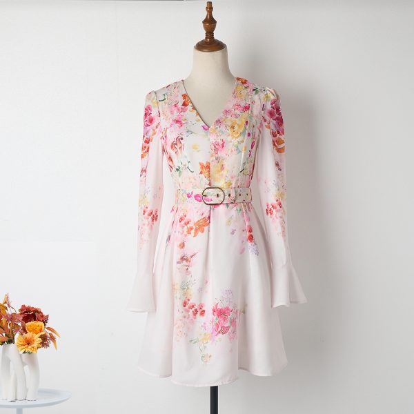 Flare Sleeve Positioning Printed V-Neck Lace-Up Dress