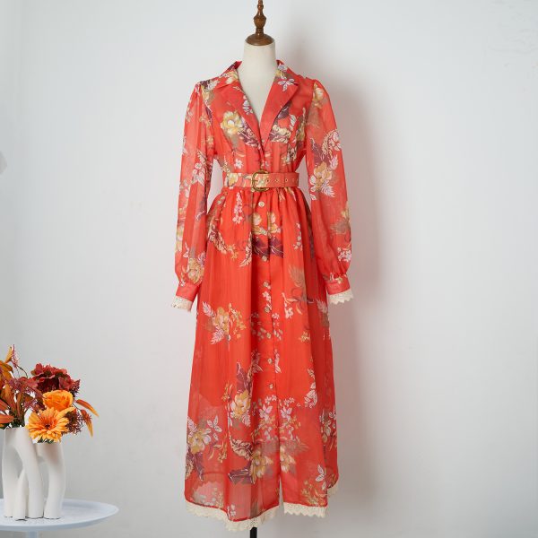 Orange Printed Dress with Lace Stitching, Long Sleeves, and Belt