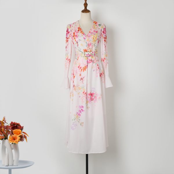 Elegant Pink Flower Print V-Neck Mid-Length Dress