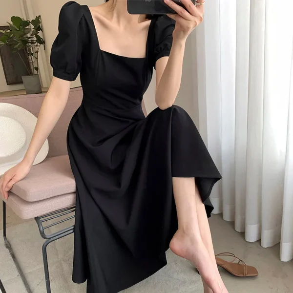 Ethical Chic: Black A-Line Dress, Square Neck, Short Sleeves