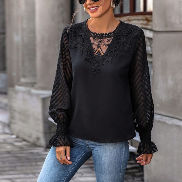 Spring Lace Patchwork Long Sleeve Office Pullover Shirt for Women