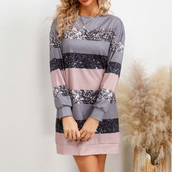 Printed Round Neck Long Sleeve Women's Sweater Dress