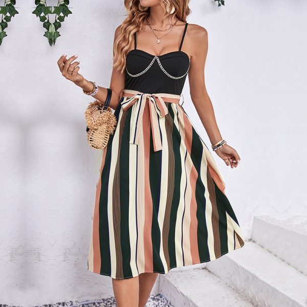 Summer Sleeveless Lace-Up Striped Splicing Sling Dress for Women