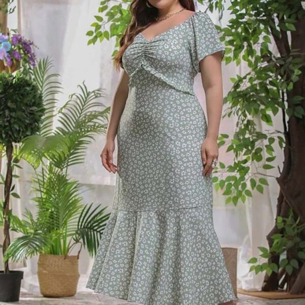 Floral Print Elastic Waist Plus Size Dress for Women