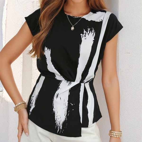 Brush Stroke Printing Short-Sleeved Office Shirt for Women