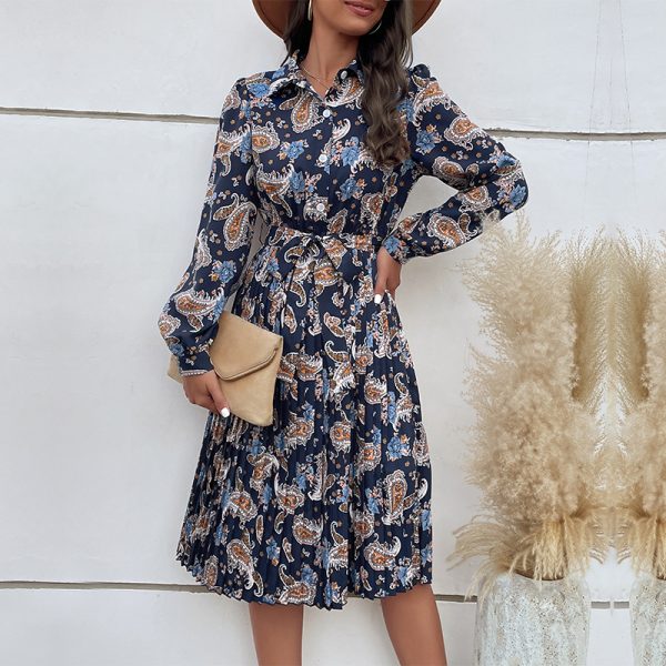 Elegant Spring: Long Sleeve Collared Pleated Dress