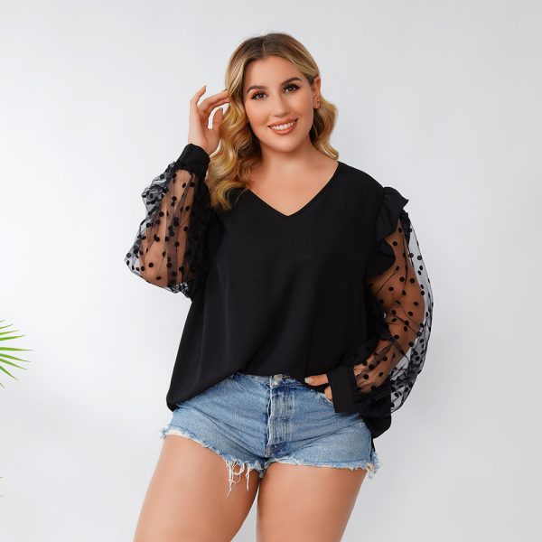 Plus Size V-neck Mesh Polka Dot Top